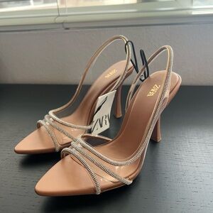 Zara Nude Strappy Heels with Rhinestone Accents